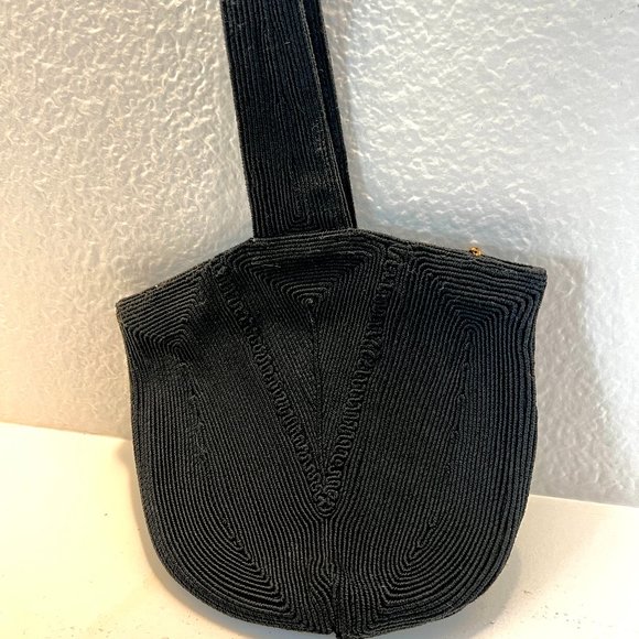 1940's Black Wristlet Purse - Small Boho Vintage - Cording Style Fabric - Picture 2 of 11